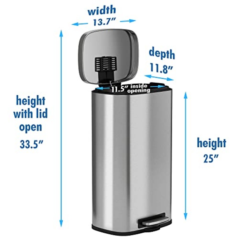 iTouchless SoftStep 8갤런 스텝 쓰레기통, 냄새 제어 시스템 및 탈착식 내부 버킷, 사무실, 가정 및 주방용 스테인레스 스틸 30리터 페달 쓰레기통