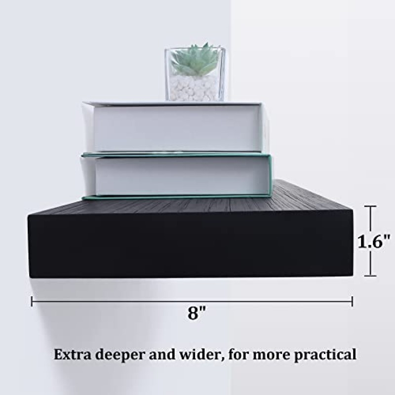 검은색 부동 선반, 벽용 8인치 깊은 선반, 거실용 농가 소박한 나무 벽 선반, 침실, 가정 장식, 두꺼운 주방 목재 디스플레이 선반, 2개 세트, 24 x 8 x 1.6인치