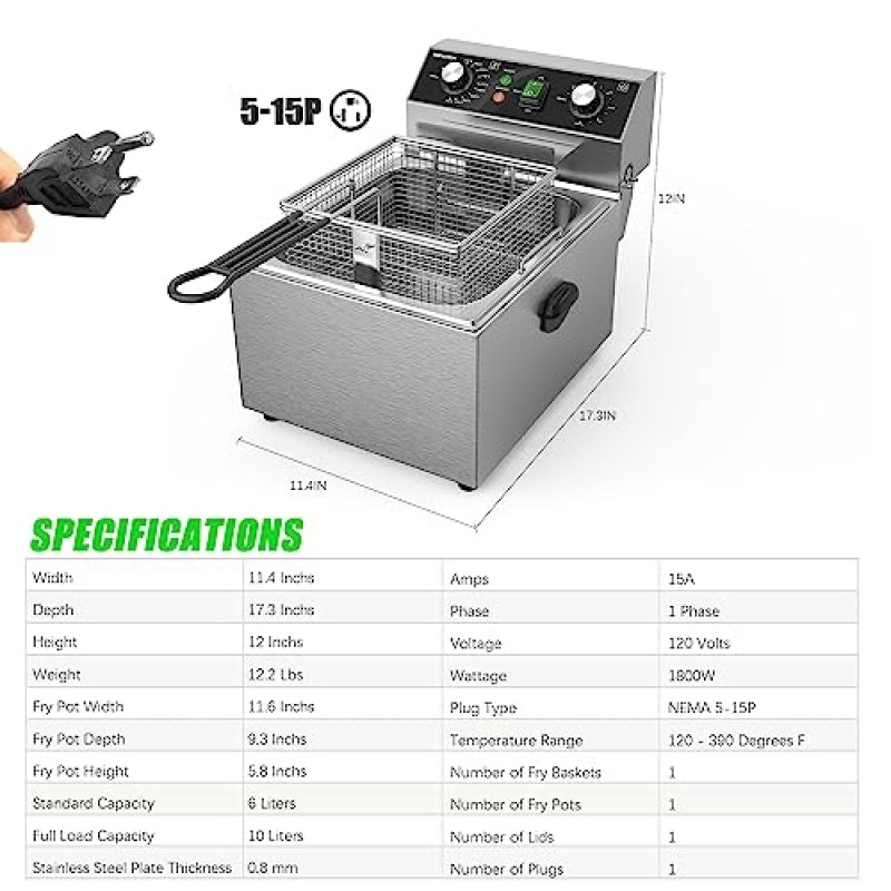 TOPKITCH 전기 튀김기 스테인레스 스틸 바구니 및 뚜껑 용량 10L(10.5QT) 가정용 주방 및 레스토랑용 조리대 튀김기, 60분 타이머, 1800와트, 120V