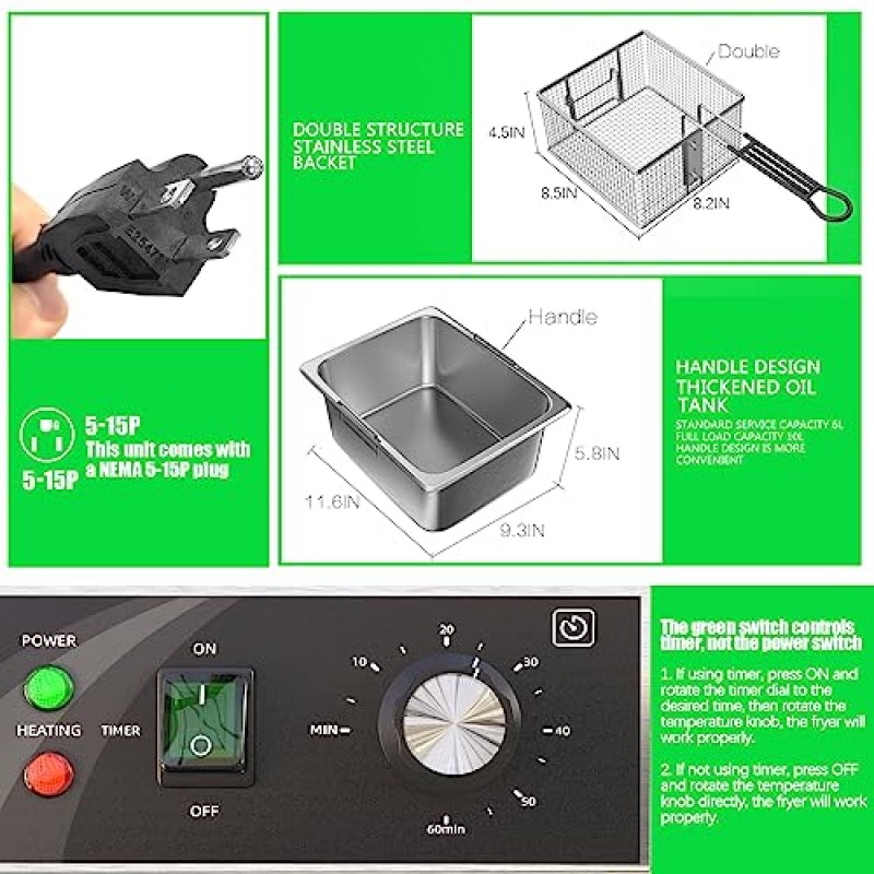 TOPKITCH 전기 튀김기 스테인레스 스틸 바구니 및 뚜껑 용량 10L(10.5QT) 가정용 주방 및 레스토랑용 조리대 튀김기, 60분 타이머, 1800와트, 120V