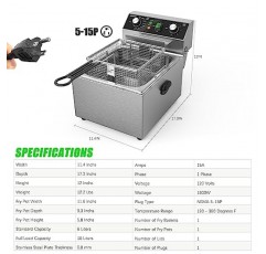 TOPKITCH 전기 튀김기 스테인레스 스틸 바구니 및 뚜껑 용량 10L(10.5QT) 가정용 주방 및 레스토랑용 조리대 튀김기, 60분 타이머, 1800와트, 120V