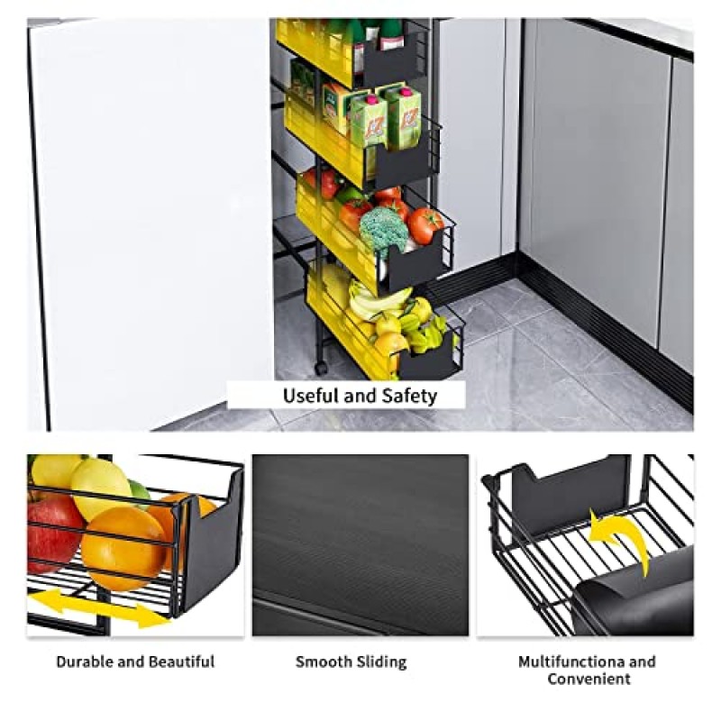 WHIFEA 서랍이 있는 5단 슬림 롤링 카트 풀아웃 디자인 바퀴가 있는 코너 보관 선반 정리함 좁은 공간, 주방, 침실, 욕실, 홈 오피스용 금속 보관 선반 유닛 검정색