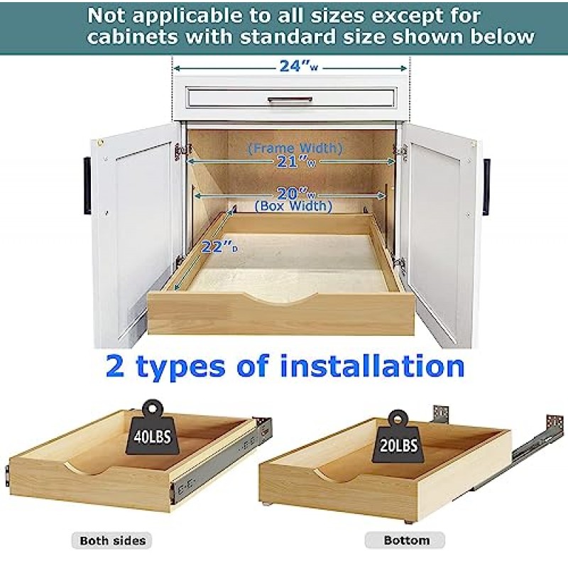 WelFurGeer 주방 정리 및 보관, 주방 캐비닛용 인출식 서랍, 슬라이드 아웃형 캐비닛 서랍, 인출식 캐비닛 선반, 주방용 나무 랙, 욕실(폭 20인치)