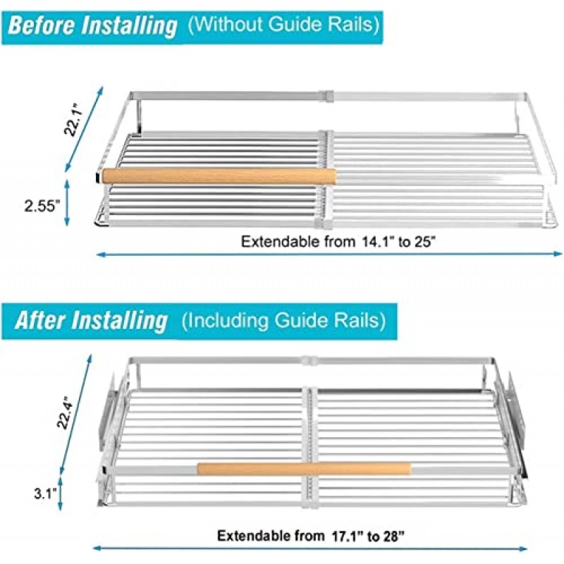 GEDLIRE 확장형 풀아웃 캐비닛 정리함 2팩, 견고한 슬라이드 아웃 식품 저장실 보관 선반, 주방 캐비닛용 슬라이딩 서랍 정리함 랙, 싱크대 아래, 가정용, 17.1