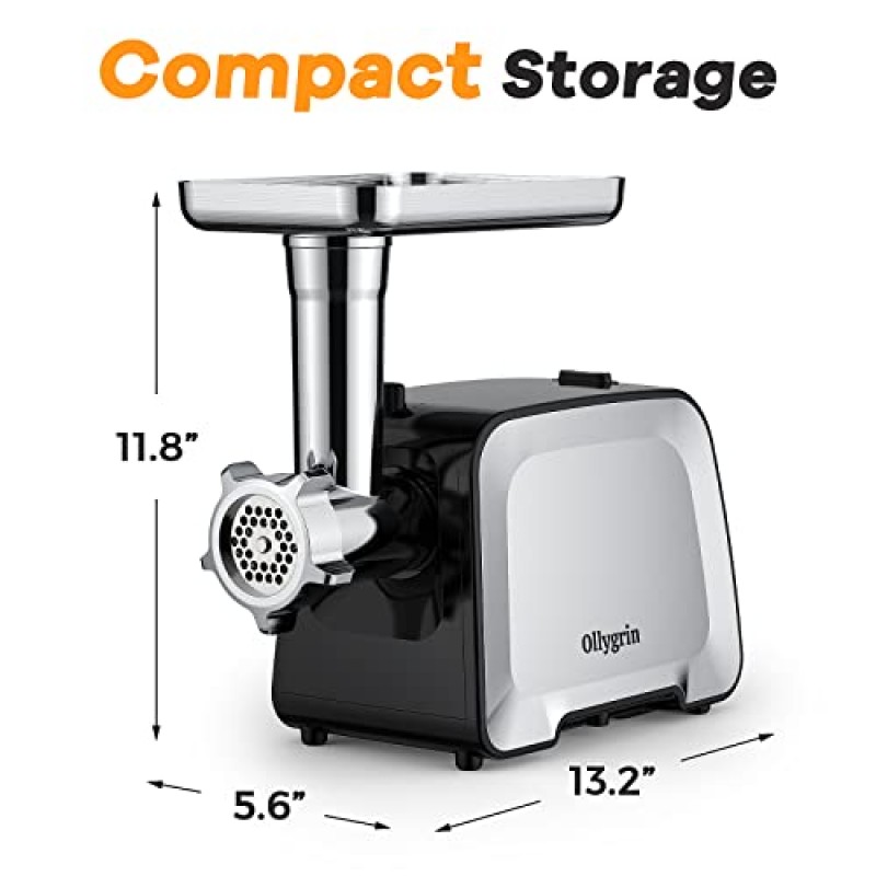 Ollygrin 고기 분쇄기 전기 소시지 스터퍼, 고기 분쇄기 전기 스테인레스 스틸, 고기 분쇄기 제조기 최대 2300W, 블레이드 2개, 플레이트 3개, 소시지 스터퍼 튜브 및 Kubbe 키트 포함