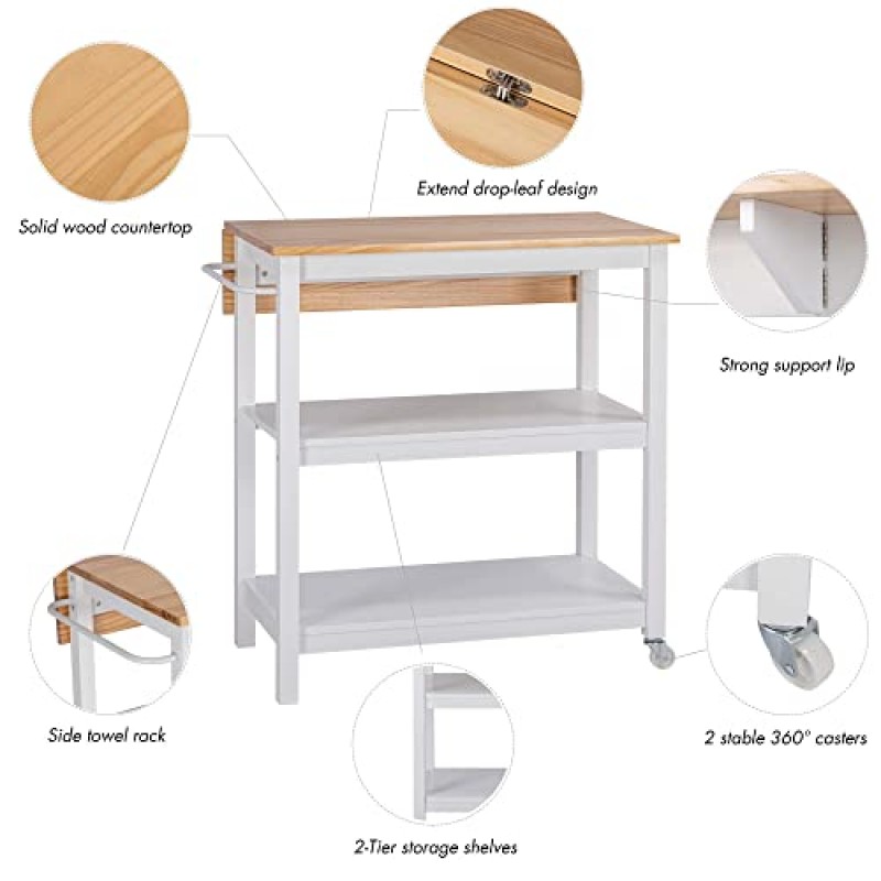 바퀴가 달린 Spirich 홈 주방 아일랜드 카트, 보관함을 갖춘 3단 롤링 유틸리티 카트, 다이닝 룸용 드롭 리프와 수건 걸이가 있는 작은 주방 아일랜드, 흰색