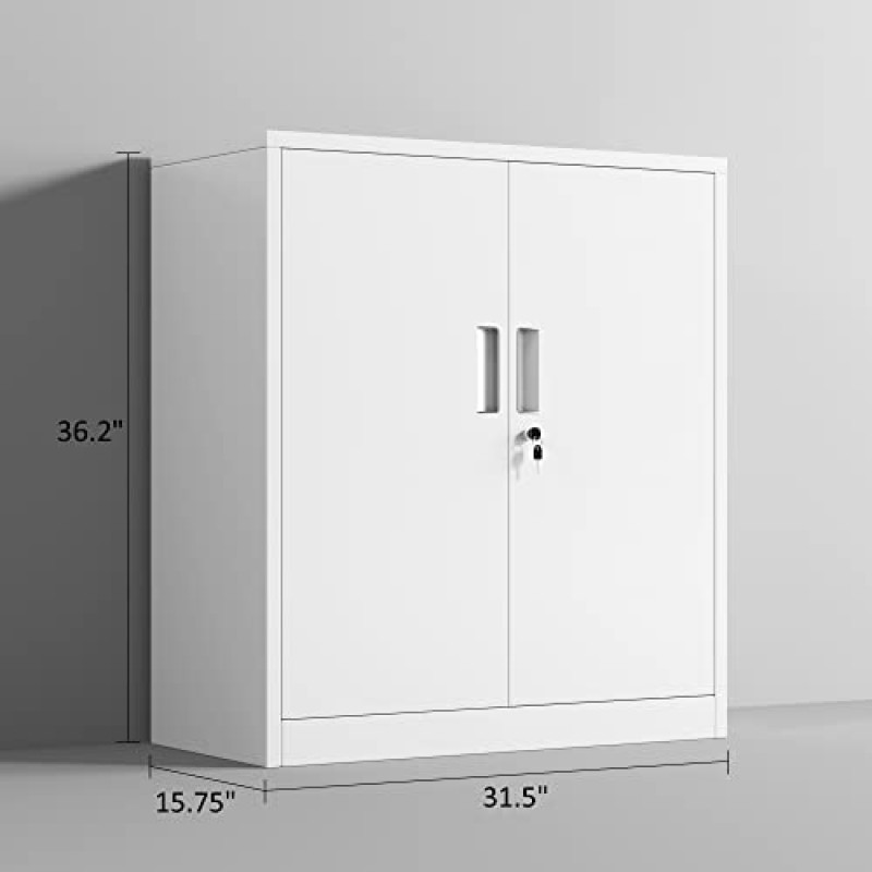 잠금식 도어와 2개의 조절 가능한 선반이 있는 JINKUR 금속 보관 캐비닛, 홈 오피스 차고 주방 식료품 저장실용 소형 잠금 가능 강철 보관 캐비닛(흰색)
