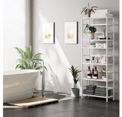 FOTOSOK 6단 대나무 선반, 조절 가능한 선반이 있는 대나무 책장, 독립형 보관 선반 유닛, 욕실, 주방, 홈 오피스용 식물 꽃 스탠드, 흰색