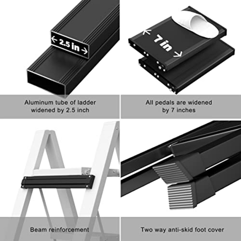EmoH 2단 사다리, 미끄럼 방지 견고하고 넓은 페달이 있는 알루미늄 접이식 발판, 가정 및 주방 사용 공간 절약을 위한 경량 휴대용 발판 사다리, 검정색, 330lbs