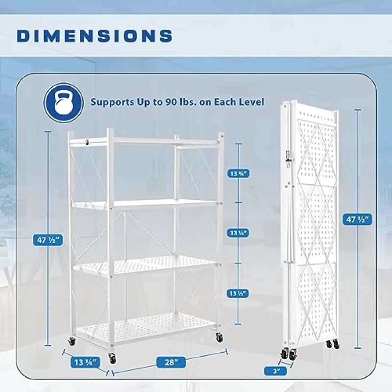 Lifetime Home 바퀴가 있는 4단 접이식 수납 선반 - 금속 접이식 선반 유닛 디스플레이, 책용 롤링 카트 주방 수납 선반, 식료품 저장실 및 옷장 정리함, 사무실 공간 장식 - 흰색