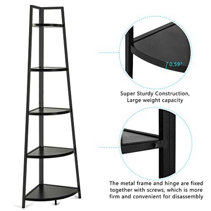 Acllkswx 70인치 소박한 코너 선반 5단 높이 코너 책장 거실, 주방, 홈 오피스용 책장 플랜트 스탠드(검은색)