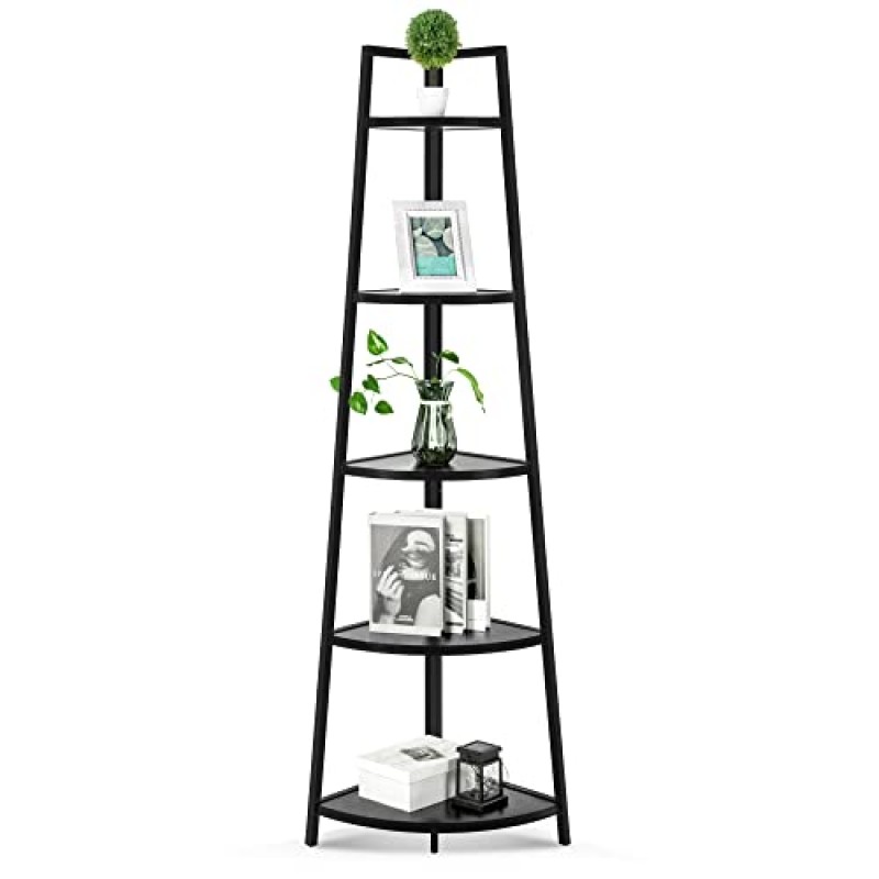 Acllkswx 70인치 소박한 코너 선반 5단 높이 코너 책장 거실, 주방, 홈 오피스용 책장 플랜트 스탠드(검은색)