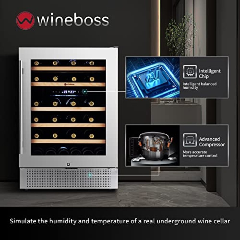 WINEBOSS 24' 와인 쿨러 냉장고, 46병 듀얼 존 내장 카운터 아래 독립형 미니 셀러 냉장고, 업그레이드 압축기 강화 유리 도어 잠금 장치, 소형 냉각기 주방 홈 바