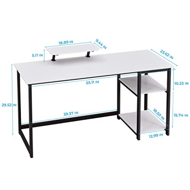 GreenForest 컴퓨터 홈 오피스 데스크(모니터 스탠드 및 양면 보관 선반 포함), 55인치 모던 심플 작문 학습 PC 작업 테이블, 화이트