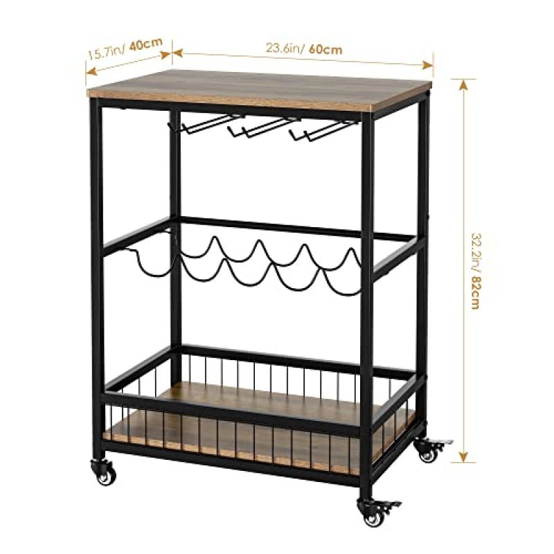 가정용 HITHOS 산업용 바 카트, 이동식 바 서빙 카트, ​​바퀴가 달린 와인 카트, 와인 랙과 유리 홀더가 있는 음료 카트, 거실, 주방용 롤링 음료 트롤리, 러스틱 브라운