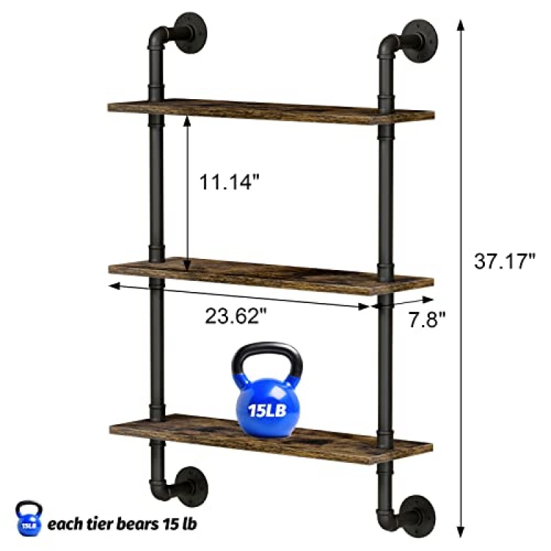ARMCONE 산업용 파이프 선반, 소박한 플로팅 선반, 3단 소박한 벽걸이 책장, 침실, 주방, 거실, 욕실, 사무실용 금속 브래킷 보관 벽 선반