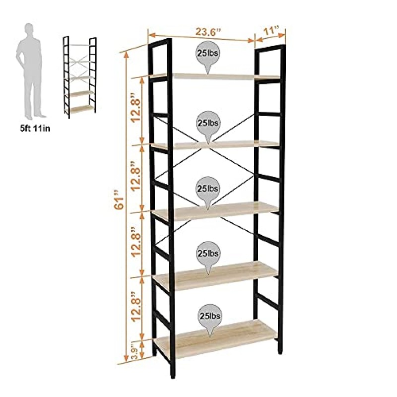 Bestier 책장 5 단 책장 조절 가능한 선반, 다기능 디스플레이 랙 보관 선반 주최자 금속 프레임, 오크가있는 홈 오피스 용 주방 서 선반