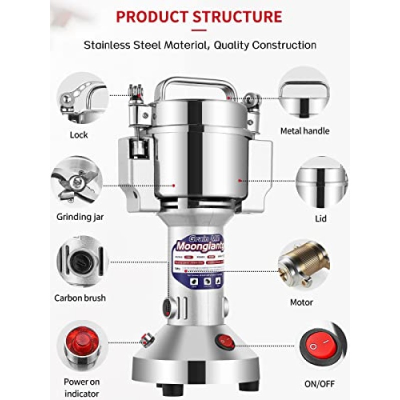 Moongiantgo 곡물 밀 분쇄기 전기 150g 상업용 향신료 분쇄기 850W 스테인레스 스틸 분쇄기 건식 분쇄기 연삭기 (150g 수직, 110V)