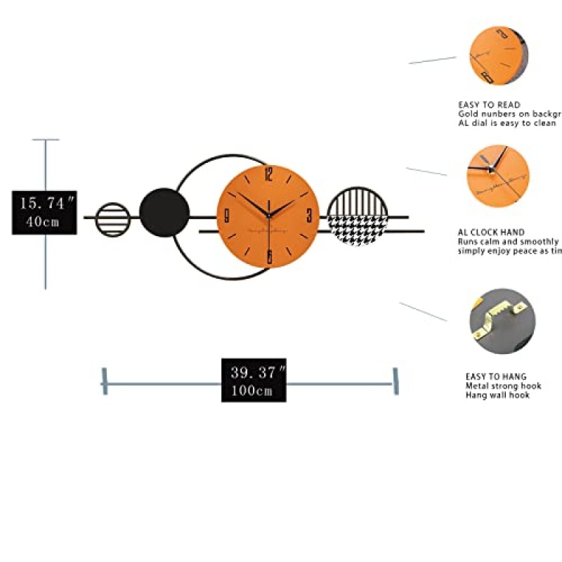 거실 장식을위한 FLEBLE 큰 벽시계 침실 사무실 주방을위한 초대형 현대 벽시계 비 침묵 침묵 사무실 주방 홈 장식 검은 금속 시계 실내 주택을위한 벽 예술 장식 16x40 인치