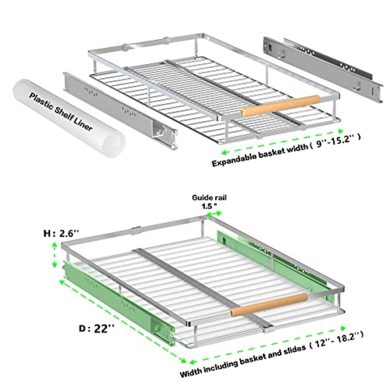 MIYUPTC 풀아웃 캐비닛 서랍 정리함, 헤비 듀티 슬라이드 아웃 식료품 저장실 선반 욕실, 집, 주방, 2 팩 크롬 22'깊이용 슬라이딩 서랍 보관함