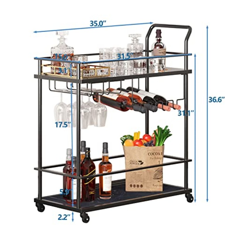 Befrases 블랙 바 카트 홈 주방 바 와인 랙과 유리 홀더가 있는 바퀴가 있는 모바일 서빙 카트, ​​보관 금속 프레임이 있는 2단 음료 커피 와인 카트, 블랙