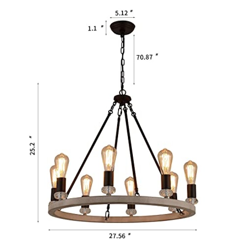 MEIXISUE 농가 왜건 휠 샹들리에 8 라이트 오크 화이트 및 ORB 주방 아일랜드 다이닝 룸 거실 홈 오피스 UL 등록 W27.6을 위한 소박한 산업용 금속 원형 샹들리에