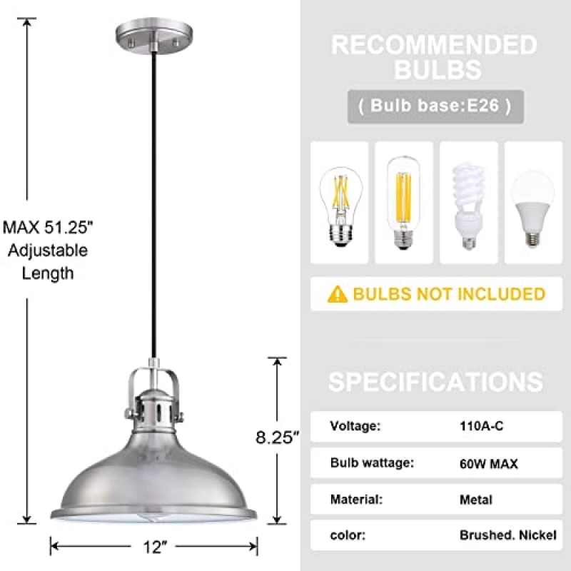 12인치 LED 2팩 1등 펜던트 조명 산업용 빈티지 설비 브러시드 니켈 마감 금속 샹들리에 조명, 주방 홈 아일랜드 다이닝 룸 침실 농가용 천장 조명