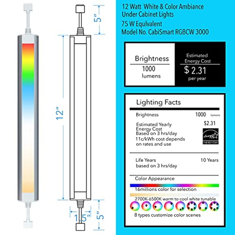 캐비닛 아래 스마트 조명 스트립 조명 흰색 및 다중 색상 Amazon Alexa Google 홈 사용 쇼 케이스, TV 백라이트, 주방 카운터, 책장, 침대 밑(조명 바 키트 3개)용 밝기 조절 가능