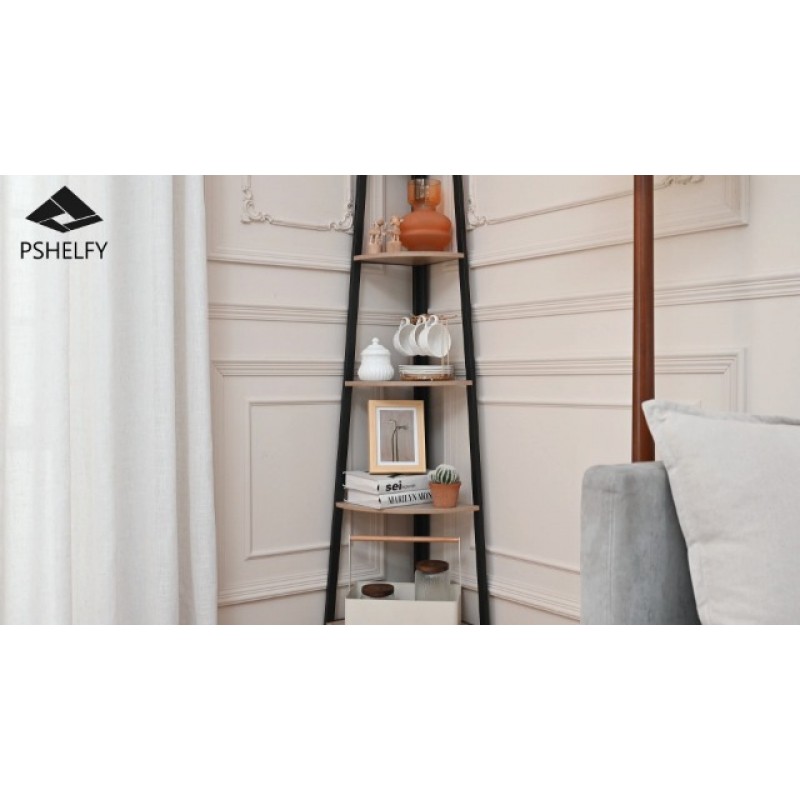 Pshelfy 5단 코너 선반, 소박한 코너 책장 책장 다용도 코너 사다리 선반 거실, 주방, 홈 오피스 작은 공간을 위한 플랜트 스탠드
