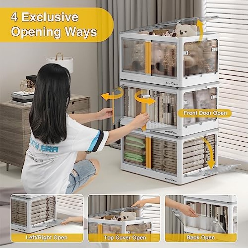 BROVIEW V5 25Gal 뚜껑과 바퀴가 있는 플라스틱 접이식 보관함, 쌓을 수 있는 옷장 정리함 및 보관 큐브, 가정용 주방 대학 기숙사용 문이 있는 접이식 접이식 보관함, 4팩
