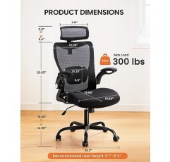 ErGear 사무실 의자, 접이식 팔걸이가 있는 책상 의자, 2' 조절 가능한 요추 지지대 및 머리 받침이 있는 인체공학적 사무실 의자, 하이백 컴퓨터 의자 홈 오피스용 바퀴가 달린 메시 사무실 의자