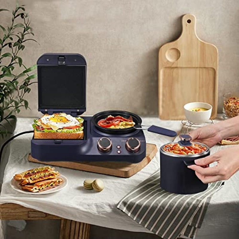 Mindore 3 in 1 아침 식사 스테이션, 전기 레트로 토스터 아침 식사 기계 분리형 붙지 않는 코팅 플레이트가 있는 샌드위치 메이커, 유리 뚜껑이 있는 스톡팟, 프라이팬, 가정용 아침 식사 기기