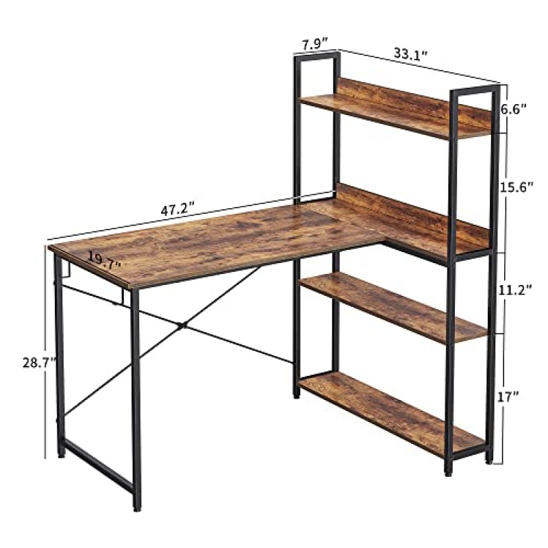 수납 선반이 있는 BANTI 컴퓨터 코너 책상, 47인치 소형 L자형 컴퓨터 책상, 후크 2개가 있는 홈 오피스 책상, 러스틱 브라운