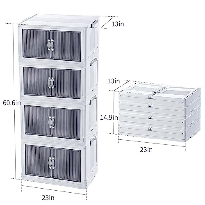 JOYBOS 4 팩 뚜껑과 바퀴가 있는 쌓을 수 있는 보관함 - 32 Gal 플라스틱 보관함, 문이 있는 접이식 보관함, 가정, 사무실, 주방용 옷장 정리함 및 보관함