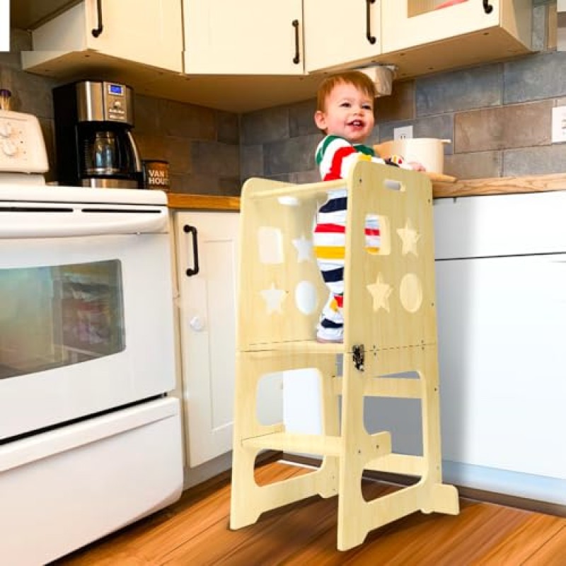 Bedmoimo 어린이 안전 레일이있는 어린이를위한 주방 단계 의자, 단단한 목재 건설 유아 학습 의자 타워, 몬테소리 유아 주방 의자, 자연