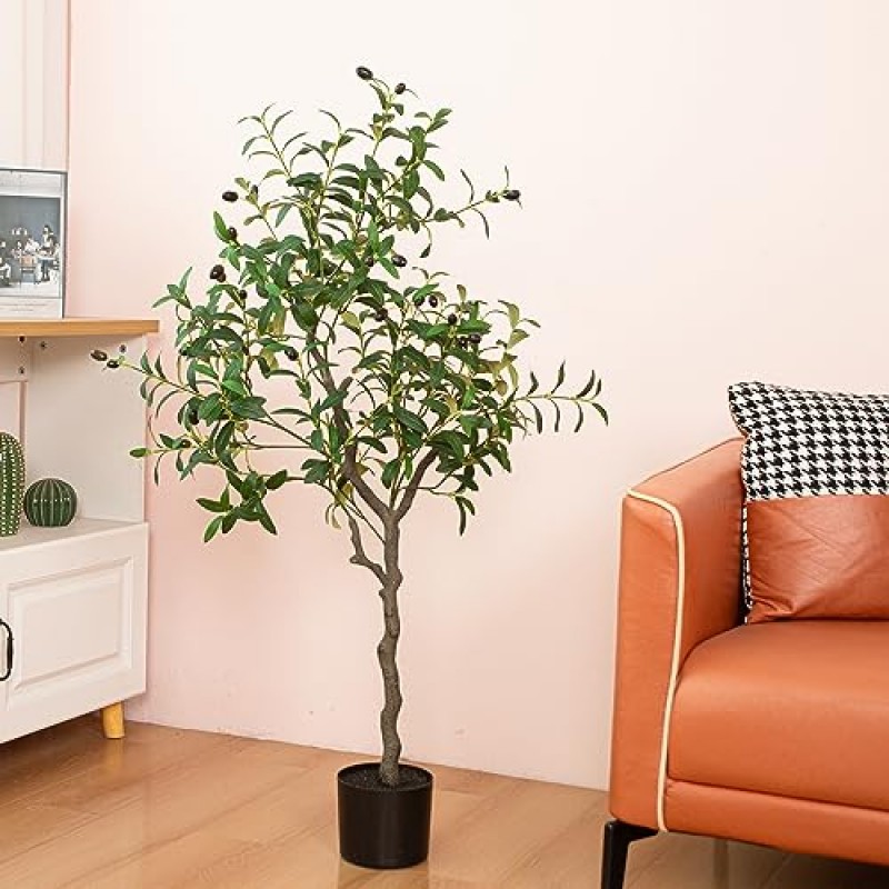 인공 올리브 나무 4피트 가짜 올리브 실크 나무 가짜 식물 100 LED 문자열 조명과 실내 대형 올리브 가지 현대 홈 오피스 거실 바닥 장식 (2, 4피트)