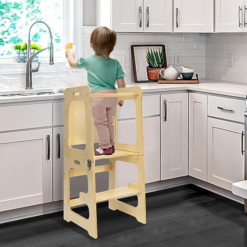 Bedmoimo 어린이 안전 레일이있는 어린이를위한 주방 단계 의자, 단단한 목재 건설 유아 학습 의자 타워, 몬테소리 유아 주방 의자