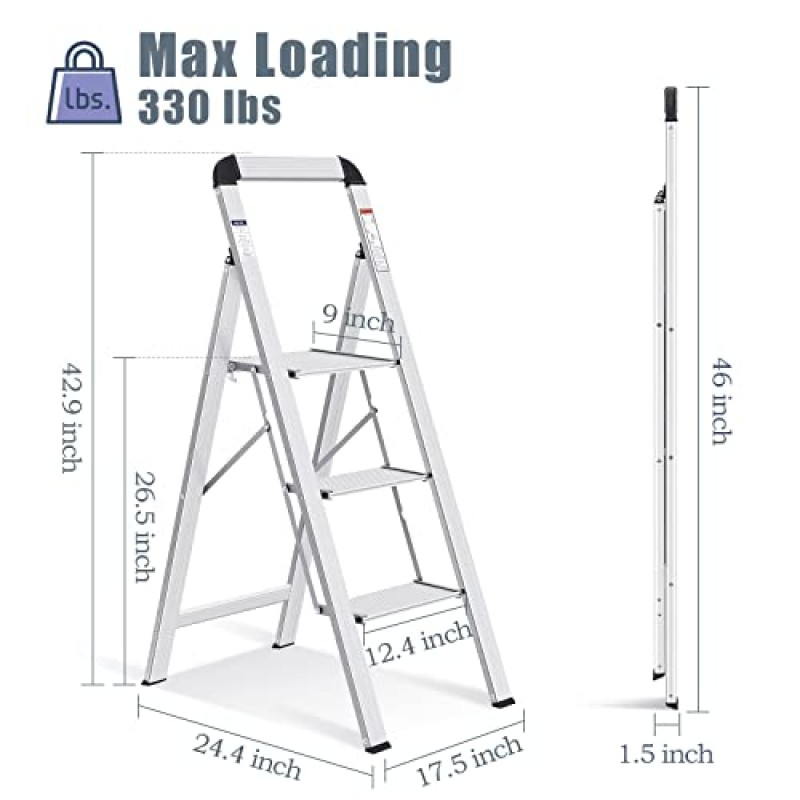 TOOLF 3단 사다리, 다용도 손잡이가 있는 알루미늄 경량 접이식 스텝 스툴, 미끄럼 방지 계단 3개, 넓은 플랫폼, 주방, 식료품 저장실, 옷장 또는 홈 오피스에 적합, 현대식 스툴, 실내(실버)