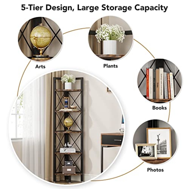 Tribesigns 5 단 코너 선반, 소박한 코너 책장 작은 책장 코너 스토리지 랙 플랜트 스탠드 거실, 홈 오피스, 주방, 작은 공간