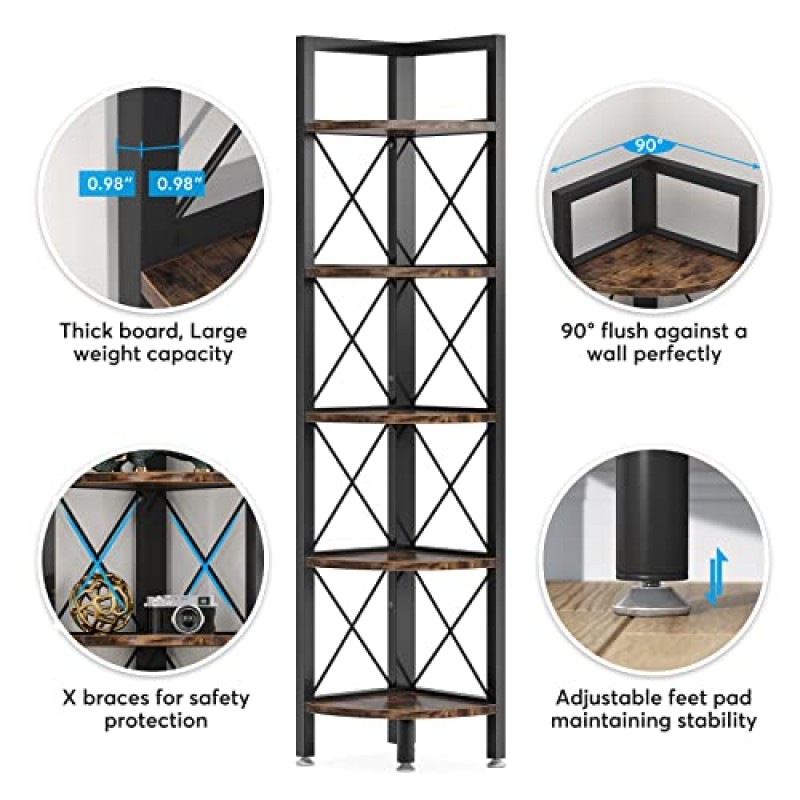 Tribesigns 5 단 코너 선반, 소박한 코너 책장 작은 책장 코너 스토리지 랙 플랜트 스탠드 거실, 홈 오피스, 주방, 작은 공간