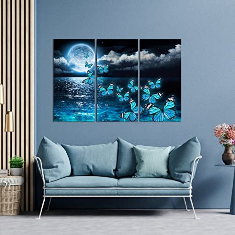 sechars 바다 캔버스 아트 위에 보름달 블루 나비 그림 인쇄 침실에 대 한 벽 장식 현대 3 조각 아트웍 홈 부엌 16x32Inchx3PCS (파란색)에 액자