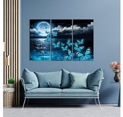 sechars 바다 캔버스 아트 위에 보름달 블루 나비 그림 인쇄 침실에 대 한 벽 장식 현대 3 조각 아트웍 홈 부엌 16x32Inchx3PCS (파란색)에 액자