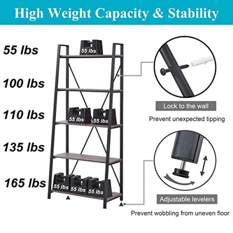 BON AUGURE 5단 사다리 선반, 산업용 기울어진 책장, 거실, 침실, 주방, 홈 오피스용 목재 및 금속 사다리 책장(진한 회색 오크)