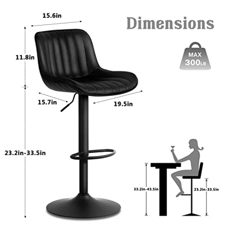 YOUNUOKE 블랙 덮개를 씌운 바 의자 2개 세트 카운터 높이 현대식 조절 가능한 회전 바 의자(등받이 포함) Mid Century PU 가죽 패딩 바 의자(가정용 주방 아일랜드용)