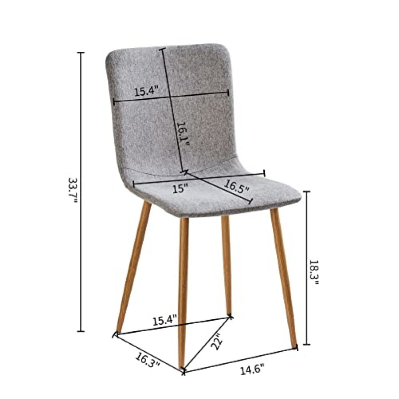 FurnitureR 다이닝 체어 4개 세트, 스칸디나비아 액센트 의자 세트 편안한 패브릭 쿠션 시트 뒷면 의자 참나무 결이 있는 주방 의자 주방, 다이닝, 거실용 견고한 금속 다리, 회색