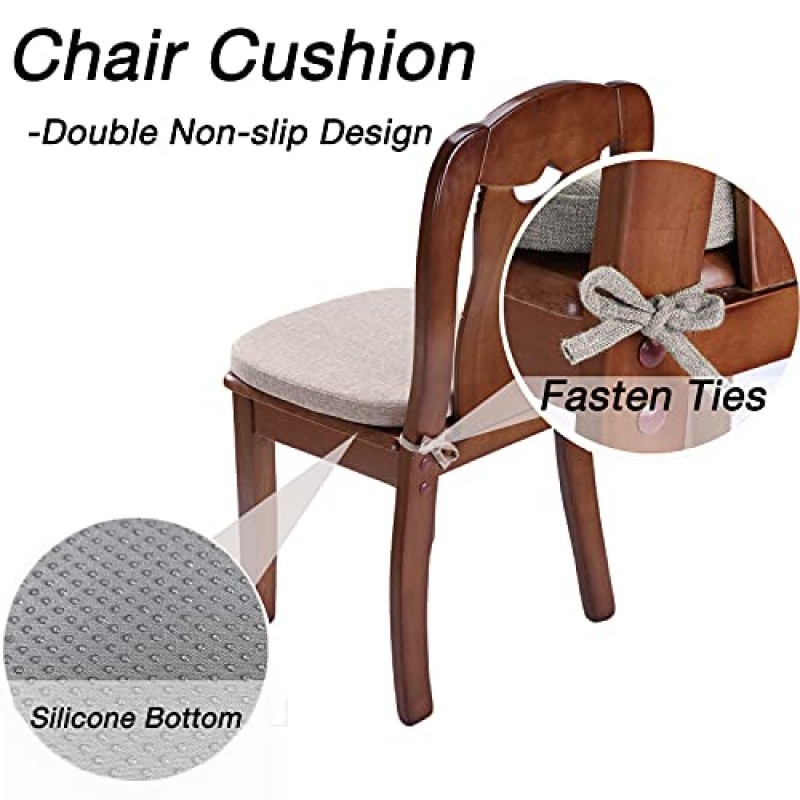 KGPLOME 의자 쿠션(다이닝 체어용 끈 포함) - 메모리폼 미끄럼 방지 주방 의자 패드 및 다이닝 시트 쿠션(세탁 가능 커버 4개 세트[16.5 x 16.2인치]) - 다크 베이지