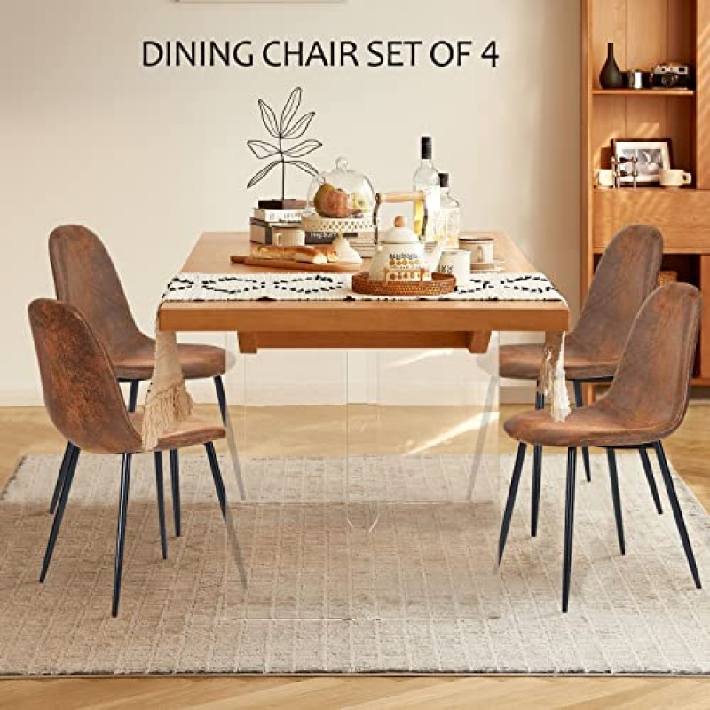 FurnitureR 다이닝 체어 4개 세트, PU 가죽 다이닝 룸 사이드 시트, 거실용 금속 다리가 있는 주방 의자, 다크 브라운