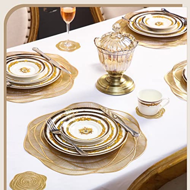 Sieral Round Pressed Vinyl Placemats 로즈 골드 플레이스 매트 세트 금속 플레이스 매트 코스터 및 컵 받침 포함 미끄럼 방지 테이블 매트 다이닝 주방 장식 (96 Pcs), 15 x 인치/38 cm
