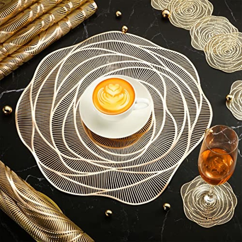 Sieral Round Pressed Vinyl Placemats 로즈 골드 플레이스 매트 세트 금속 플레이스 매트 코스터 및 컵 받침 포함 미끄럼 방지 테이블 매트 다이닝 주방 장식 (96 Pcs), 15 x 인치/38 cm
