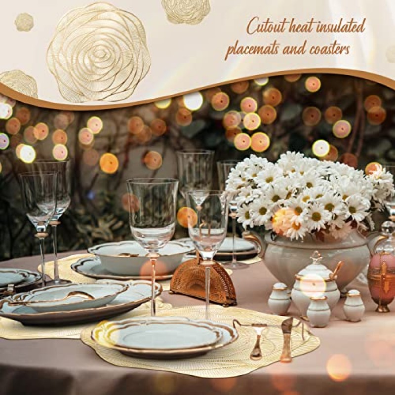 Sieral Round Pressed Vinyl Placemats 로즈 골드 플레이스 매트 세트 금속 플레이스 매트 코스터 및 컵 받침 포함 미끄럼 방지 테이블 매트 다이닝 주방 장식 (96 Pcs), 15 x 인치/38 cm